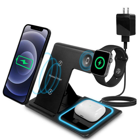 3 in 1 Wireless Charging Station for Apple15W Foldable Charging Station for Samsung Devices, Qi-Certified for Iphone 15/14/13/12/11/Pro/Max/X/Xr/Iwatch-Se/6/5/4/3/2 & Airpods, Included QC-3.0 Adapter