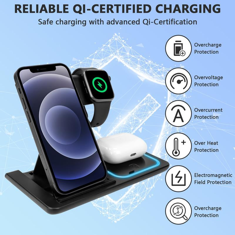 3 in 1 Wireless Charging Station for Apple15W Foldable Charging Station for Samsung Devices, Qi-Certified for Iphone 15/14/13/12/11/Pro/Max/X/Xr/Iwatch-Se/6/5/4/3/2 & Airpods, Included QC-3.0 Adapter