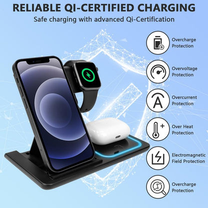 3 in 1 Wireless Charging Station for Apple15W Foldable Charging Station for Samsung Devices, Qi-Certified for Iphone 15/14/13/12/11/Pro/Max/X/Xr/Iwatch-Se/6/5/4/3/2 & Airpods, Included QC-3.0 Adapter