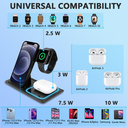 3 in 1 Wireless Charging Station for Apple15W Foldable Charging Station for Samsung Devices, Qi-Certified for Iphone 15/14/13/12/11/Pro/Max/X/Xr/Iwatch-Se/6/5/4/3/2 & Airpods, Included QC-3.0 Adapter