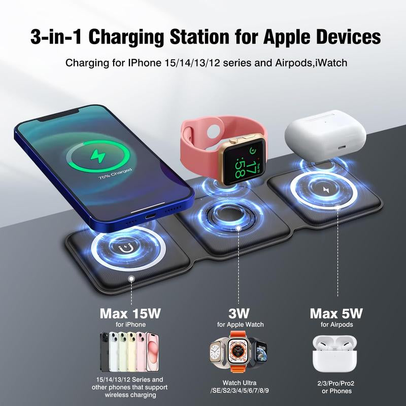 Charging Station for Apple Multiple Devices - 3 in 1 Foldable Magnetic Wireless Charger Dock - Travel Charging Pad for Iphone 15 14 13 12 Pro Max plus Watch & Airpods