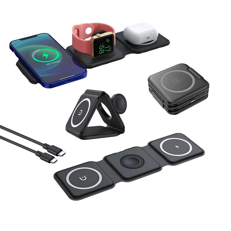 Charging Station for Apple Multiple Devices - 3 in 1 Foldable Magnetic Wireless Charger Dock - Travel Charging Pad for Iphone 15 14 13 12 Pro Max plus Watch & Airpods