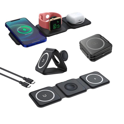 Charging Station for Apple Multiple Devices - 3 in 1 Foldable Magnetic Wireless Charger Dock - Travel Charging Pad for Iphone 15 14 13 12 Pro Max plus Watch & Airpods