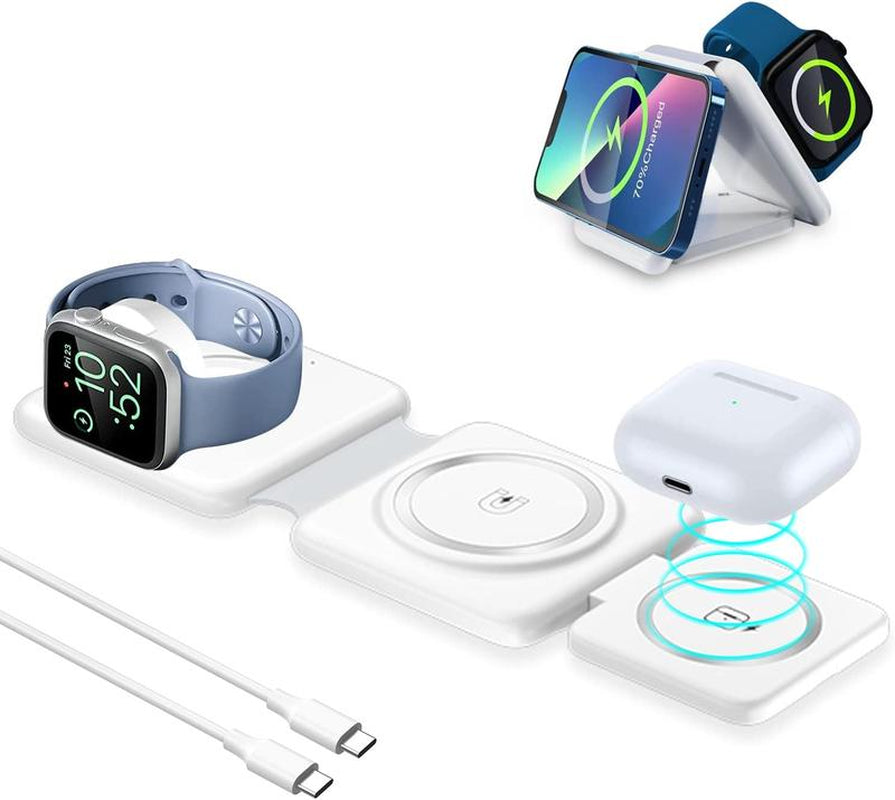 Charging Station for Apple Multiple Devices - 3 in 1 Foldable Magnetic Wireless Charger Dock - Travel Charging Pad for Iphone 15 14 13 12 Pro Max plus Watch & Airpods