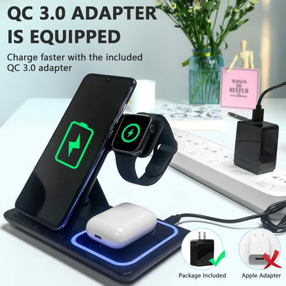 3 in 1 Wireless Charging Station for Apple15W Foldable Charging Station for Samsung Devices, Qi-Certified for Iphone 15/14/13/12/11/Pro/Max/X/Xr/Iwatch-Se/6/5/4/3/2 & Airpods, Included QC-3.0 Adapter