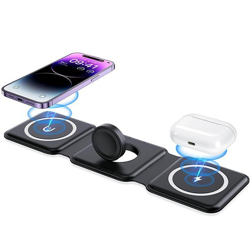 Charging Station for Apple Multiple Devices - 3 in 1 Foldable Magnetic Wireless Charger Dock - Travel Charging Pad for Iphone 15 14 13 12 Pro Max plus Watch & Airpods