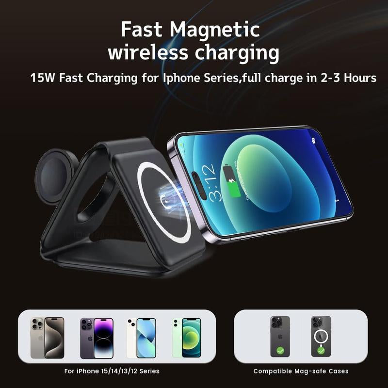 Charging Station for Apple Multiple Devices - 3 in 1 Foldable Magnetic Wireless Charger Dock - Travel Charging Pad for Iphone 15 14 13 12 Pro Max plus Watch & Airpods