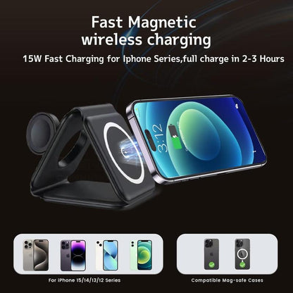 Charging Station for Apple Multiple Devices - 3 in 1 Foldable Magnetic Wireless Charger Dock - Travel Charging Pad for Iphone 15 14 13 12 Pro Max plus Watch & Airpods