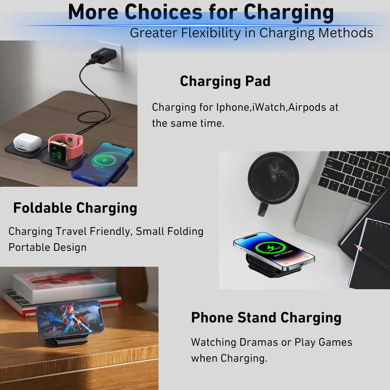 Charging Station for Apple Multiple Devices - 3 in 1 Foldable Magnetic Wireless Charger Dock - Travel Charging Pad for Iphone 15 14 13 12 Pro Max plus Watch & Airpods