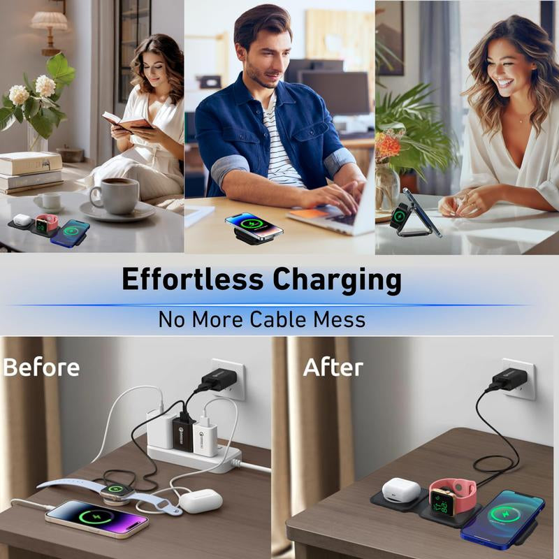 Charging Station for Apple Multiple Devices - 3 in 1 Foldable Magnetic Wireless Charger Dock - Travel Charging Pad for Iphone 15 14 13 12 Pro Max plus Watch & Airpods