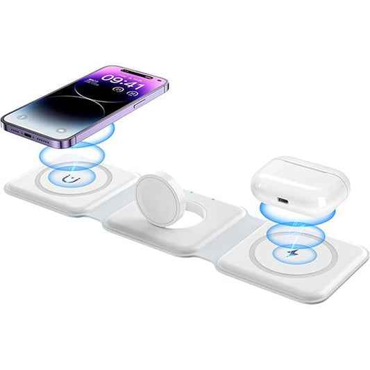 Charging Station for Apple Multiple Devices - 3 in 1 Foldable Magnetic Wireless Charger Dock - Travel Charging Pad for Iphone 15 14 13 12 Pro Max plus Watch & Airpods